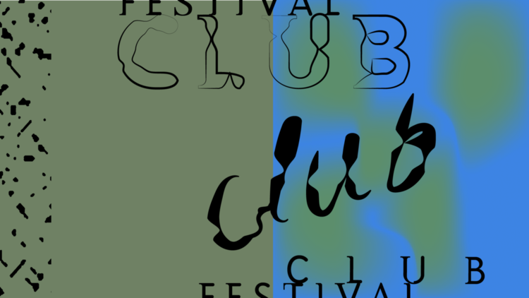An illustration with a half army green and half sky blue background. In the middle it says on 3 times on different type of fonts "Festival club"