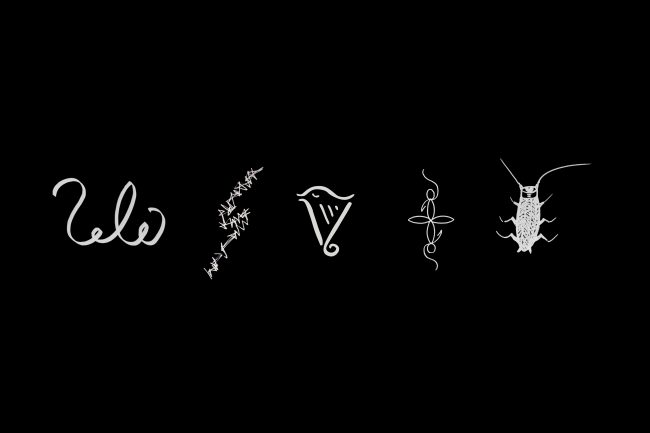 Black background with five symbols in light gray arranged in a row: one appears calligraphic, one resembles a blurry lightning bolt, one resembles a harp, one is clean-lined but ornate, either a cross or a flower, and one resembles a cockroach.