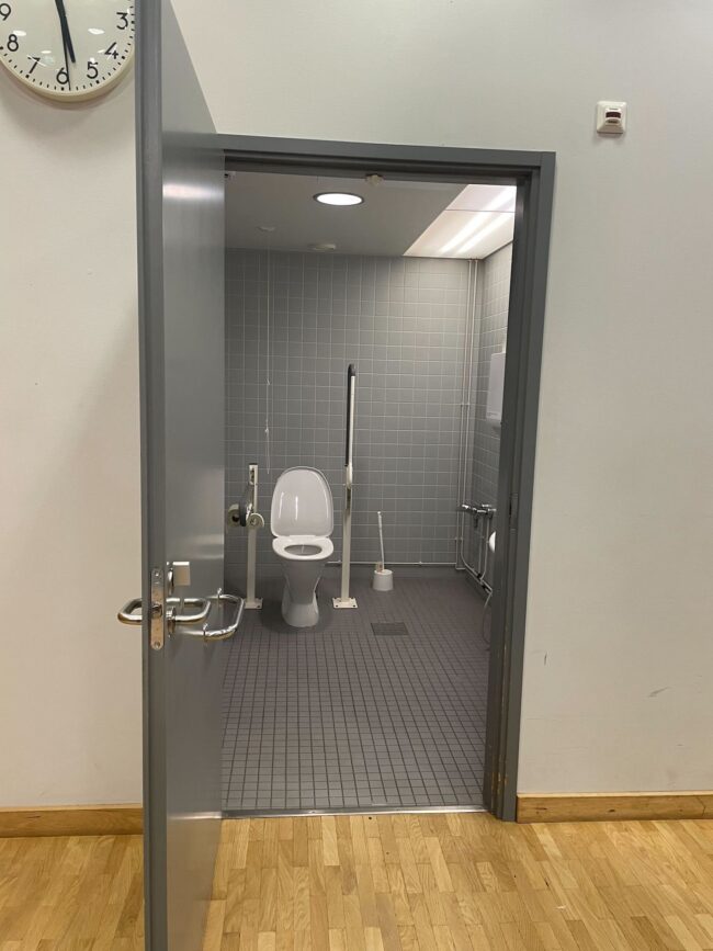 An open door from which one can see into the wheelchair accessible toilet. There is a lot of space in the toilet.