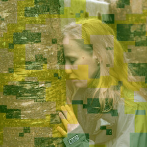 A woman leans her head against a tree, with semi-transparent green polygons overlaid on the image.