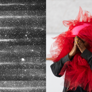 On the left: a series of grainy black and white photos of comet Kobayashi-Berger-Milon for each day from July 30 to August 7. 1975. On the right: a colour photograph of a performer wearing bright red fabric around their face and covering their face with their hands